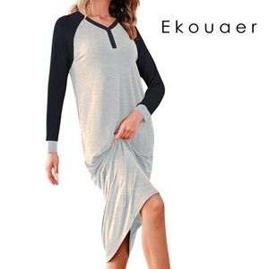 Ekouaer Super Soft Rayon Long Nightgown Sleep Tee Shirt Henley Two Tone NWOT